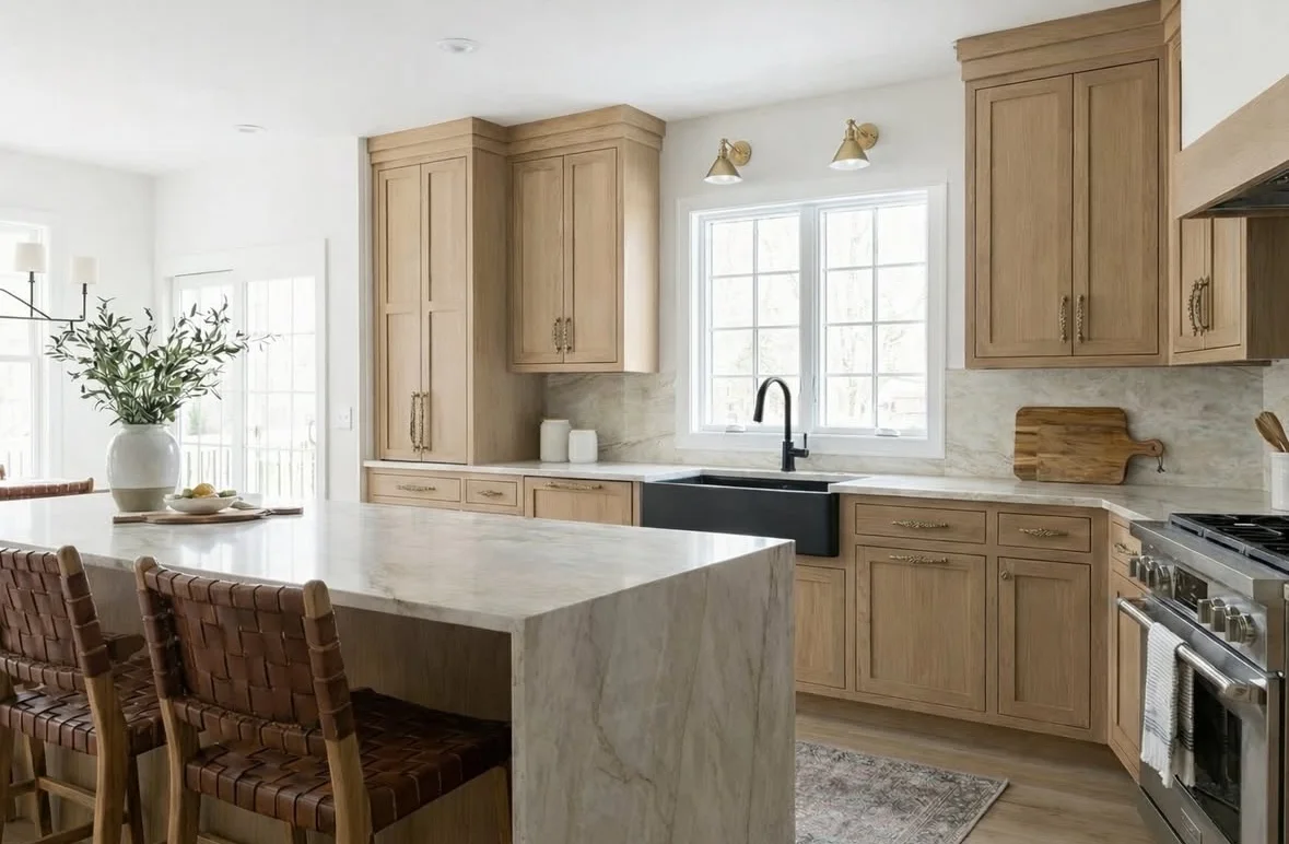 Cocina nueva con mobiliario de madera clara, isla central y luz natural